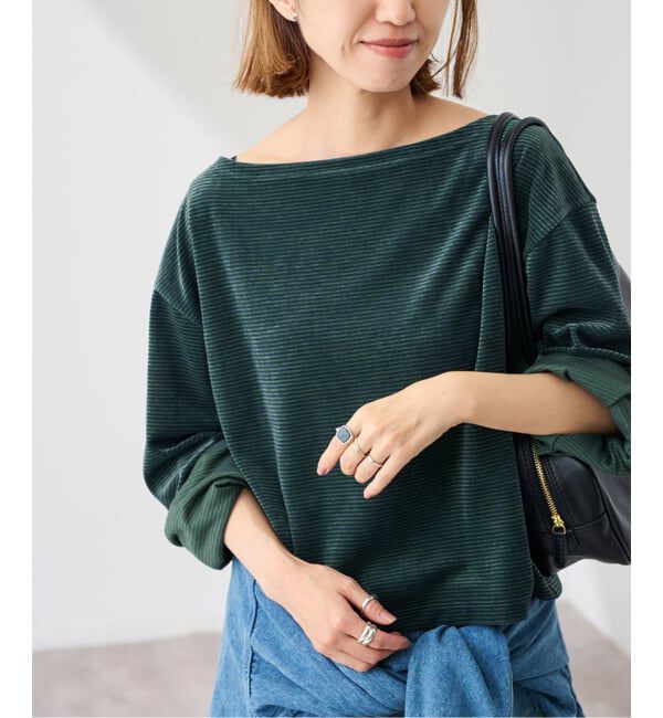 FRAMeWORK「ベロアボーダープルオーバー」|Tシャツ・カットソー|グリーン