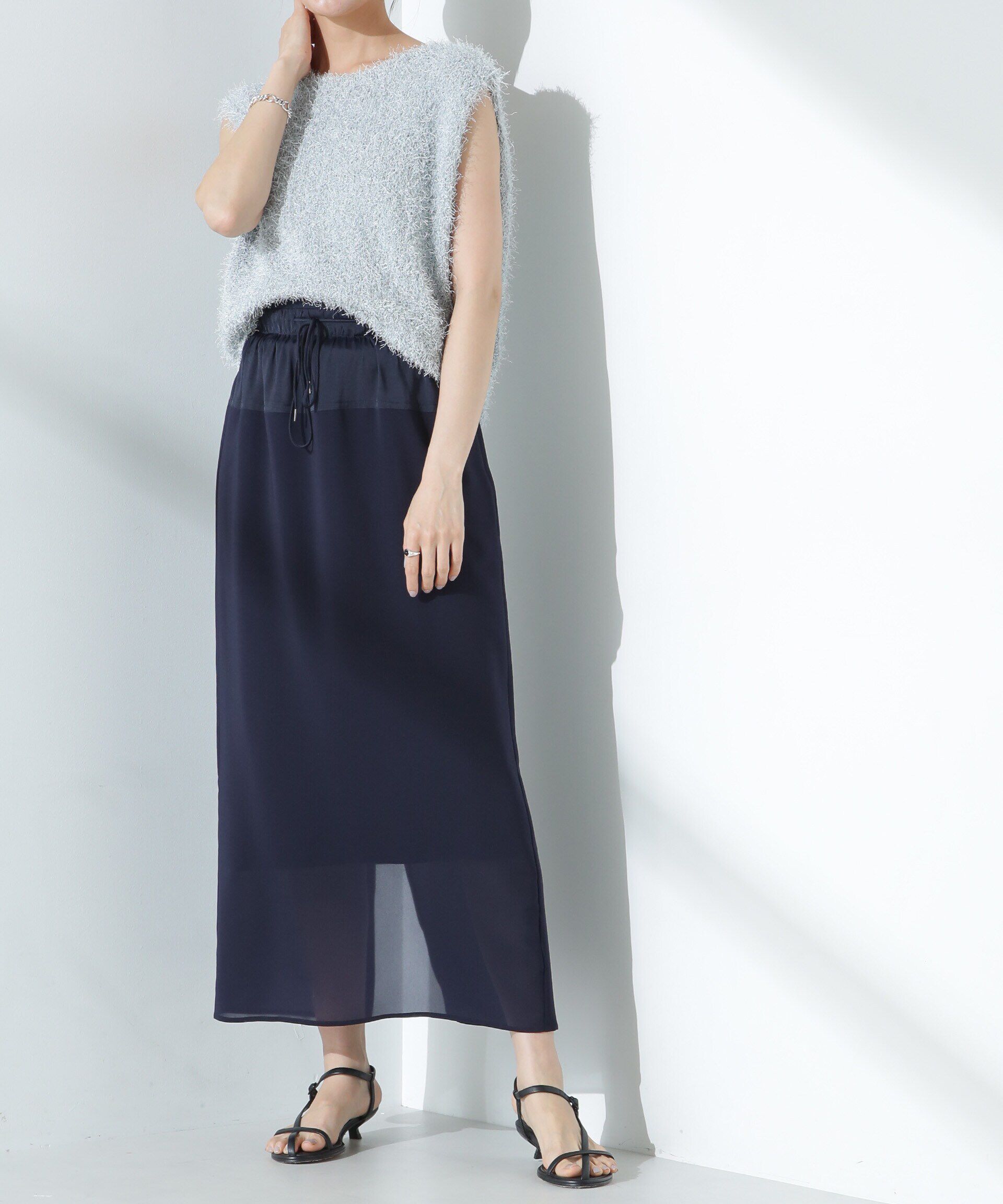 nano･universe「シアーストレッチサテン切り替えスカート」|スカート|ネイビー
