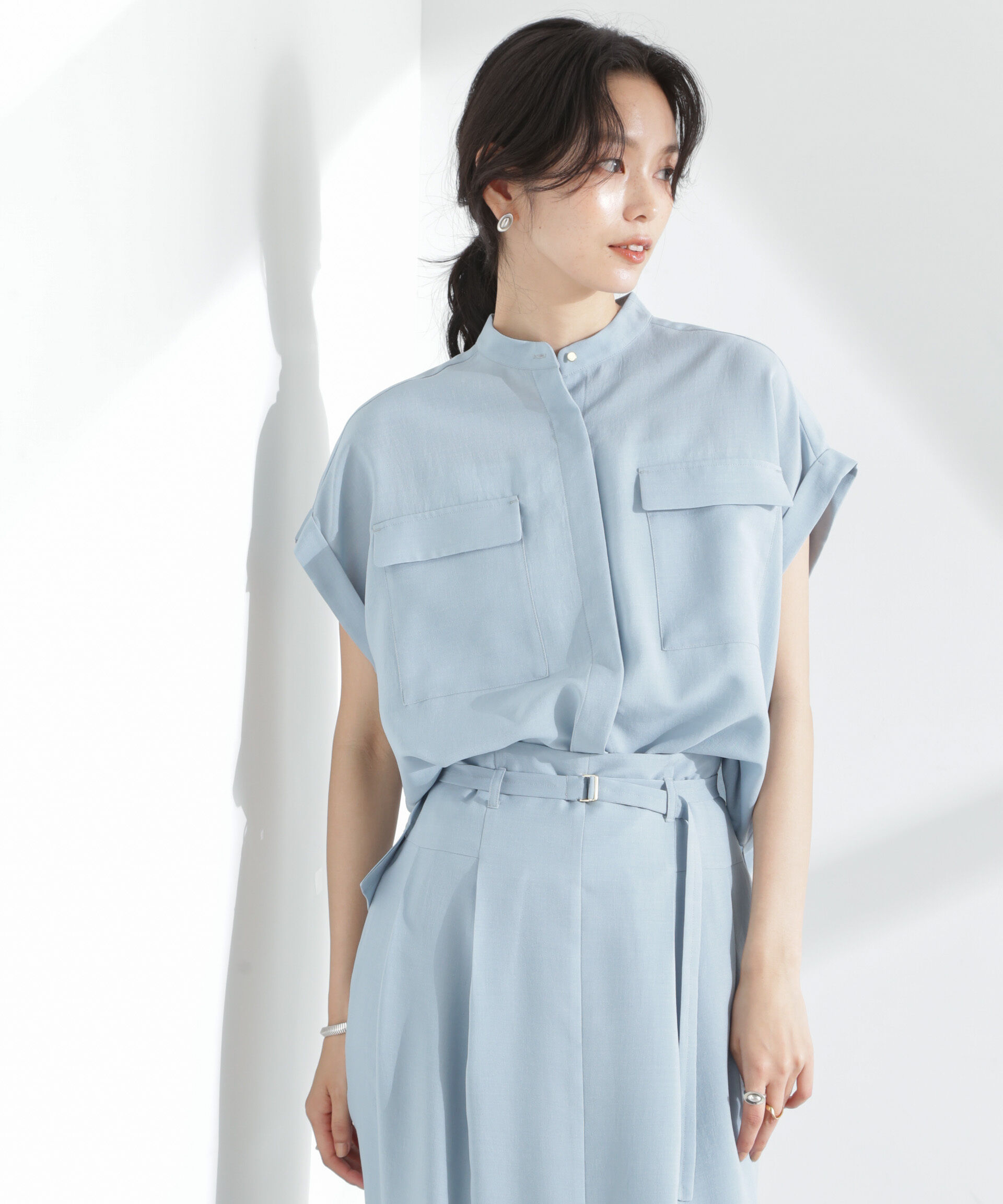 nano･universe「メランジドライ スタンドポケットシャツ(セットアップ可)」|シャツ・ブラウス|L.ブルー1