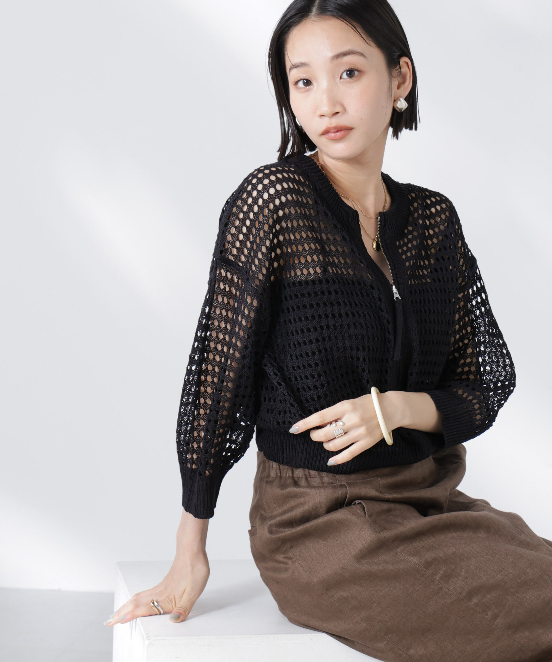 nano･universe「メッシュニットジップカーディガン」|ニット・セーター|ブラック