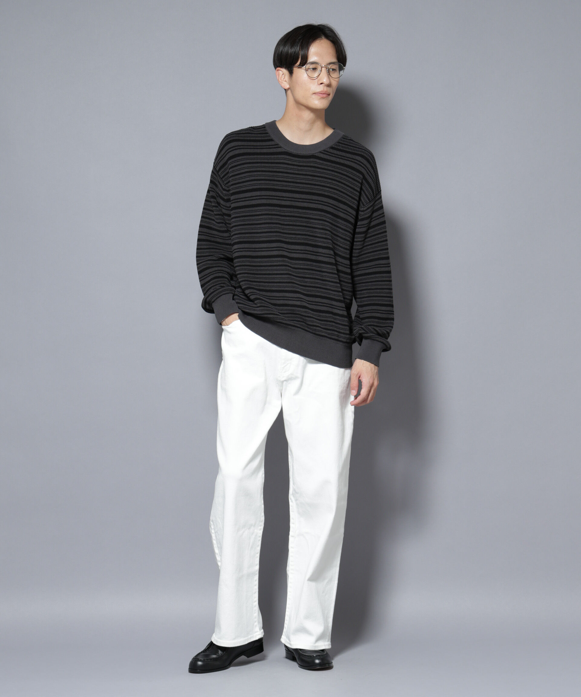 nano･universe「マーセライズコットン 畦ボーダークルーネックニット」|ニット・セーター|