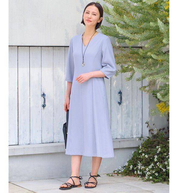自由区「【接触冷感・速乾・UVケア・撥水・防シワ・XSサイズあり】リネンライクツィルVネック ワンピース」|ワンピース|ダルブルー系