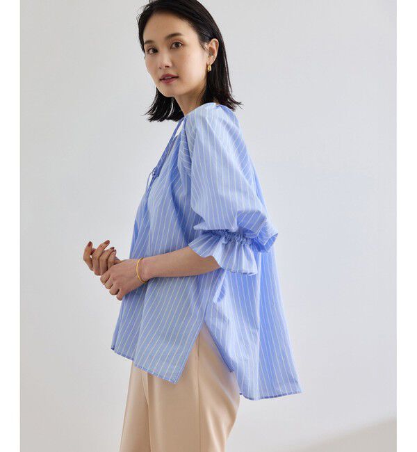 ROPE「【洗える】タイプライターハーフスリーブブラウス/お仕事・通勤対応」|シャツ・ブラウス|ブルー(44)