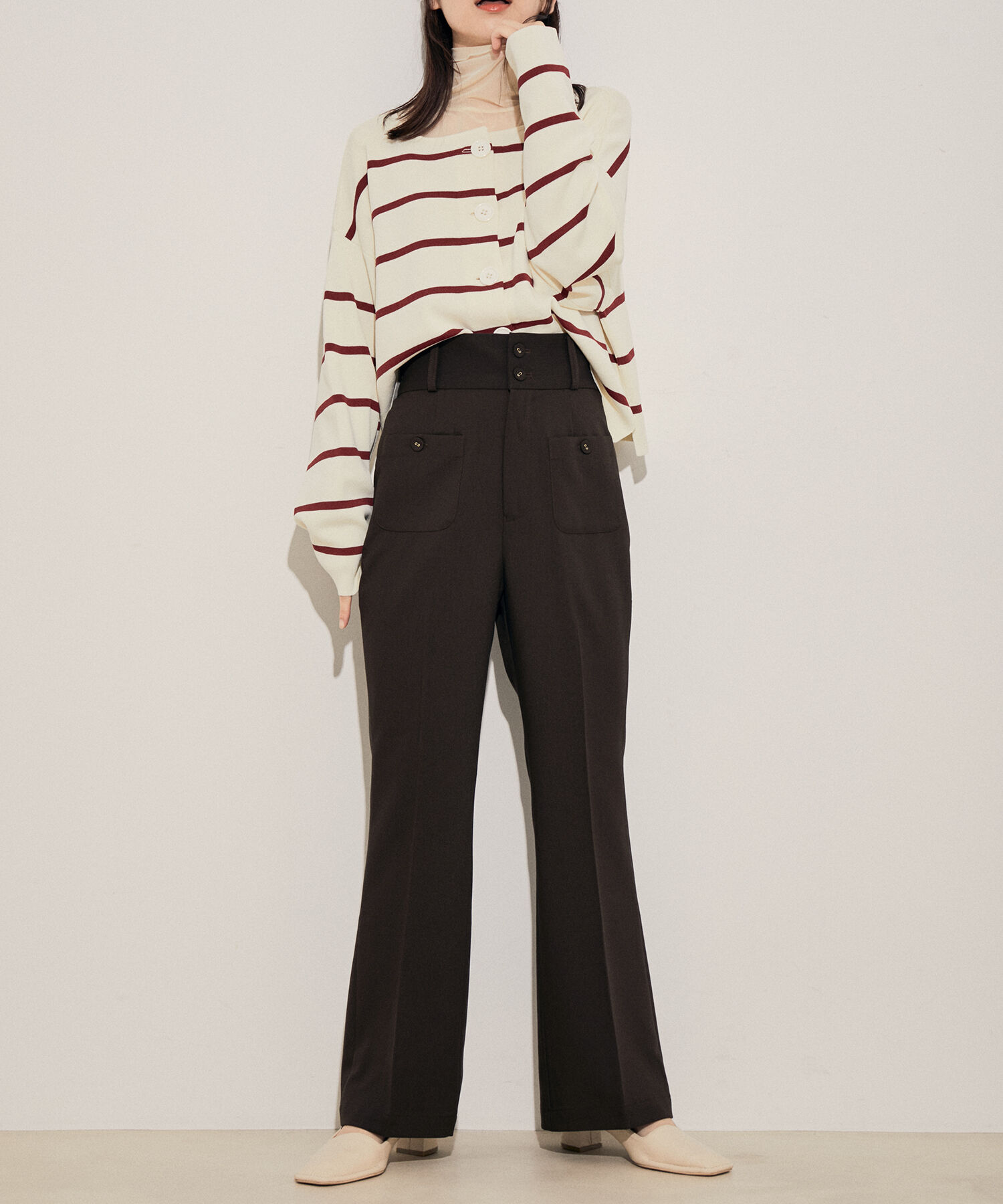 vis-a-vis「【WEB限定】【洗える】ハイウエストフレアパンツ【高橋愛コラボ】」|スラックス|ダークブラウン(20)