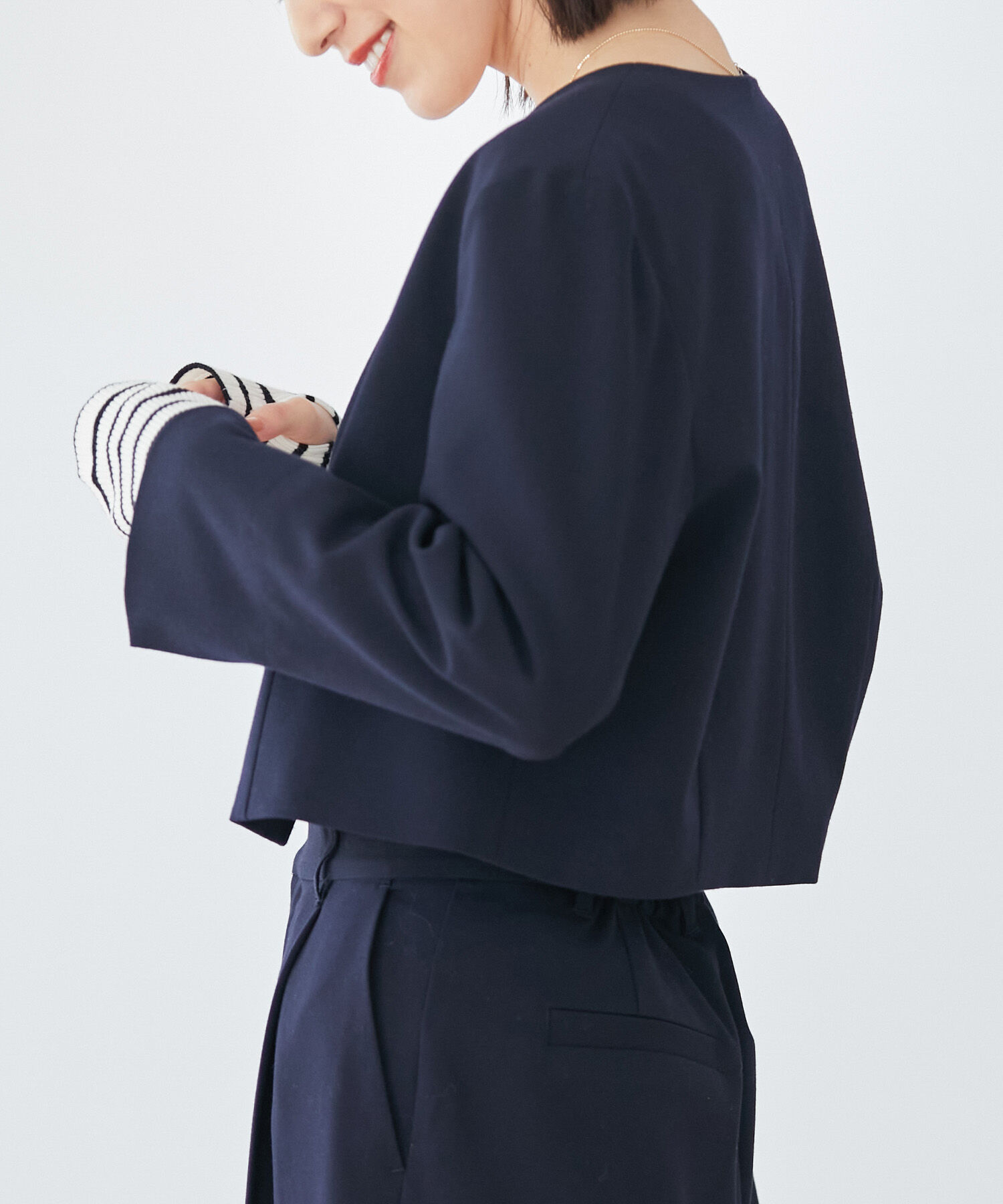 VIS「【270days美ストレッチシリーズ】ノーカラーショートジャケット【セットアップ対応】」|ノーカラージャケット|