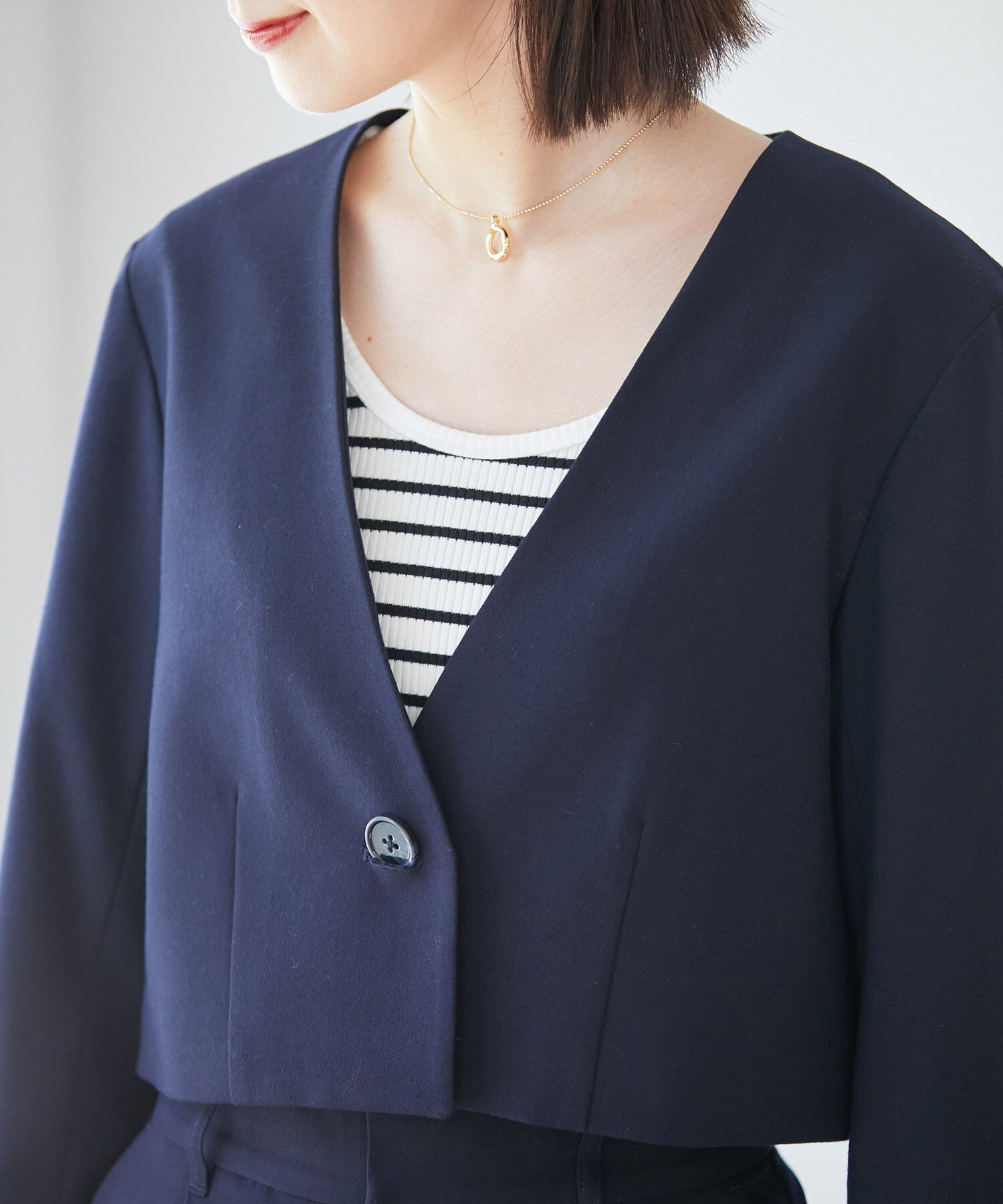 VIS「【270days美ストレッチシリーズ】ノーカラーショートジャケット【セットアップ対応】」|ノーカラージャケット|