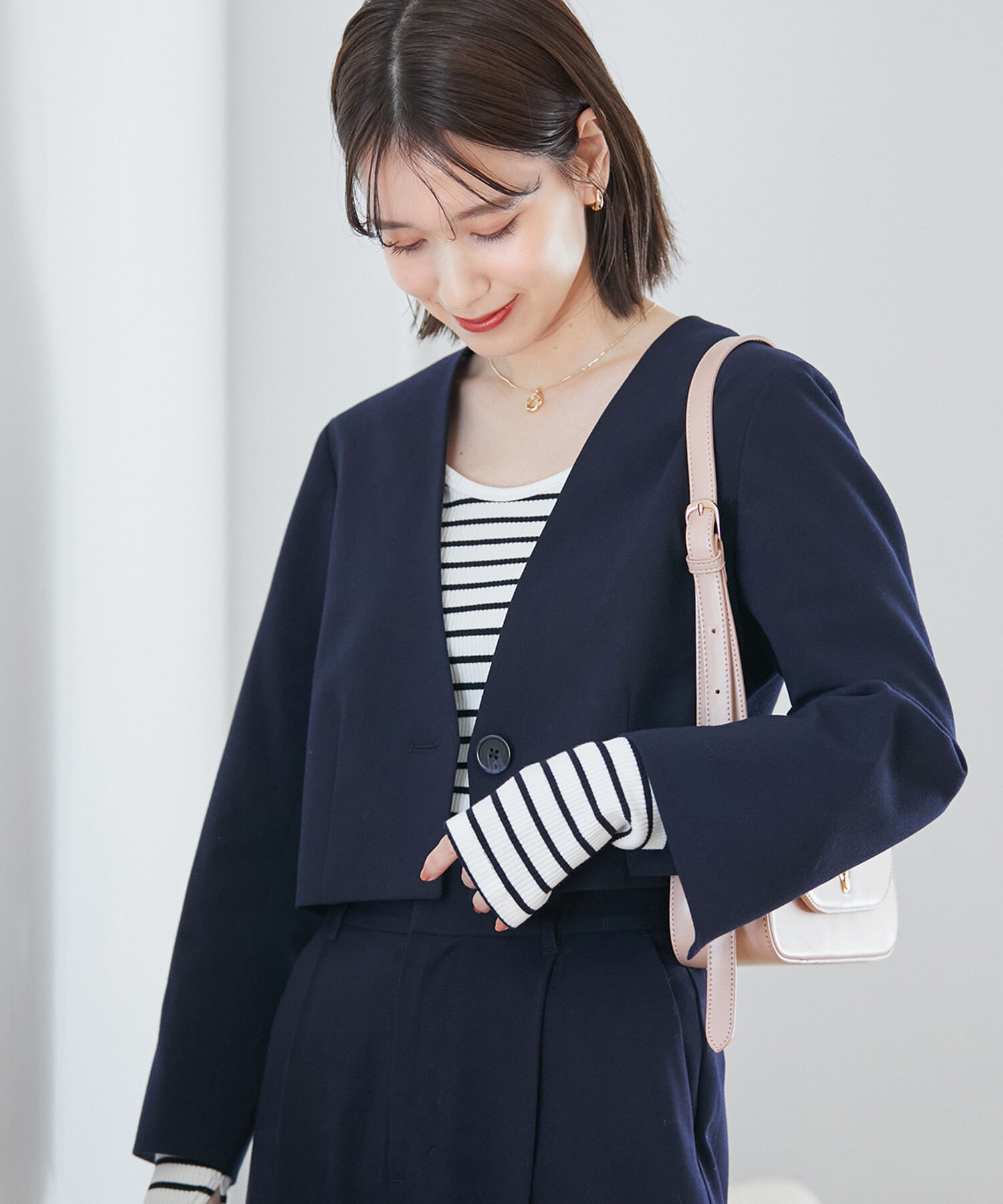 VIS「【270days美ストレッチシリーズ】ノーカラーショートジャケット【セットアップ対応】」|ノーカラージャケット|ネイビー(40)