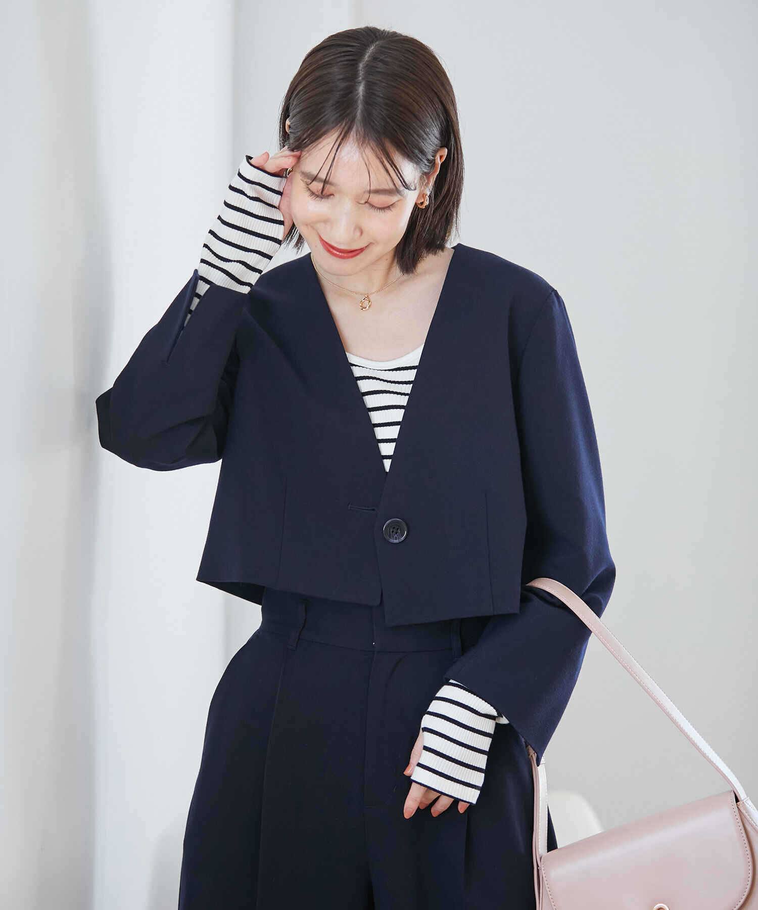 VIS「【270days美ストレッチシリーズ】ノーカラーショートジャケット【セットアップ対応】」|ノーカラージャケット|