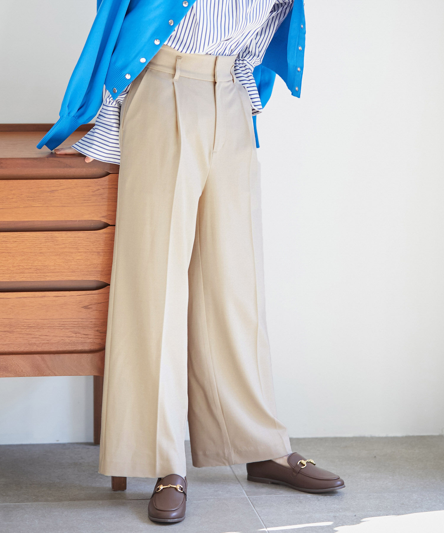 VIS「【270days美ストレッチシリーズ】【セットアップ対応・洗える】ハイウエストワイドパンツ」|スラックス|ベージュ(27)