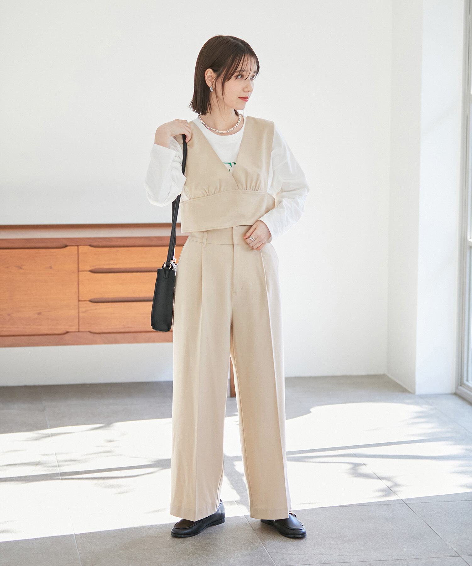 VIS「【270days美ストレッチシリーズ】【セットアップ対応・洗える】ハイウエストワイドパンツ」|スラックス|