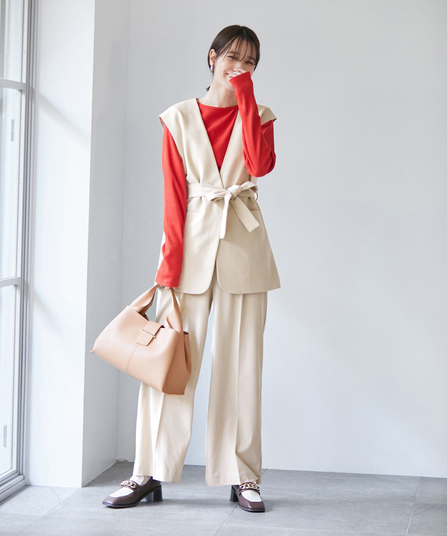 VIS「【270days美ストレッチシリーズ】【セットアップ対応・洗える】ハイウエストワイドパンツ」|スラックス|