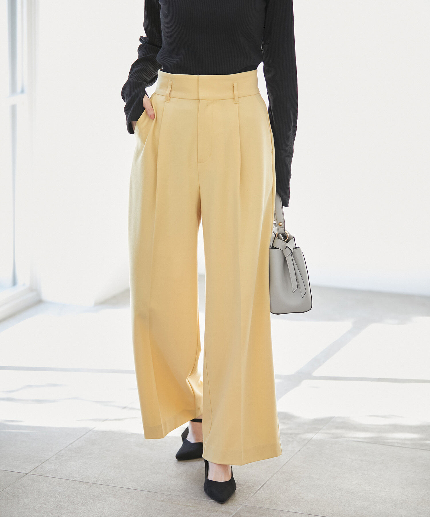 VIS「【270days美ストレッチシリーズ】【セットアップ対応・洗える】ハイウエストワイドパンツ」|スラックス|