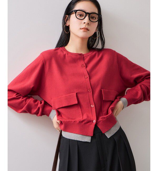 VIS「【WEB限定】ダブルポケットバイカラーレイヤードカーディガン」|カーディガン|レッド(60)