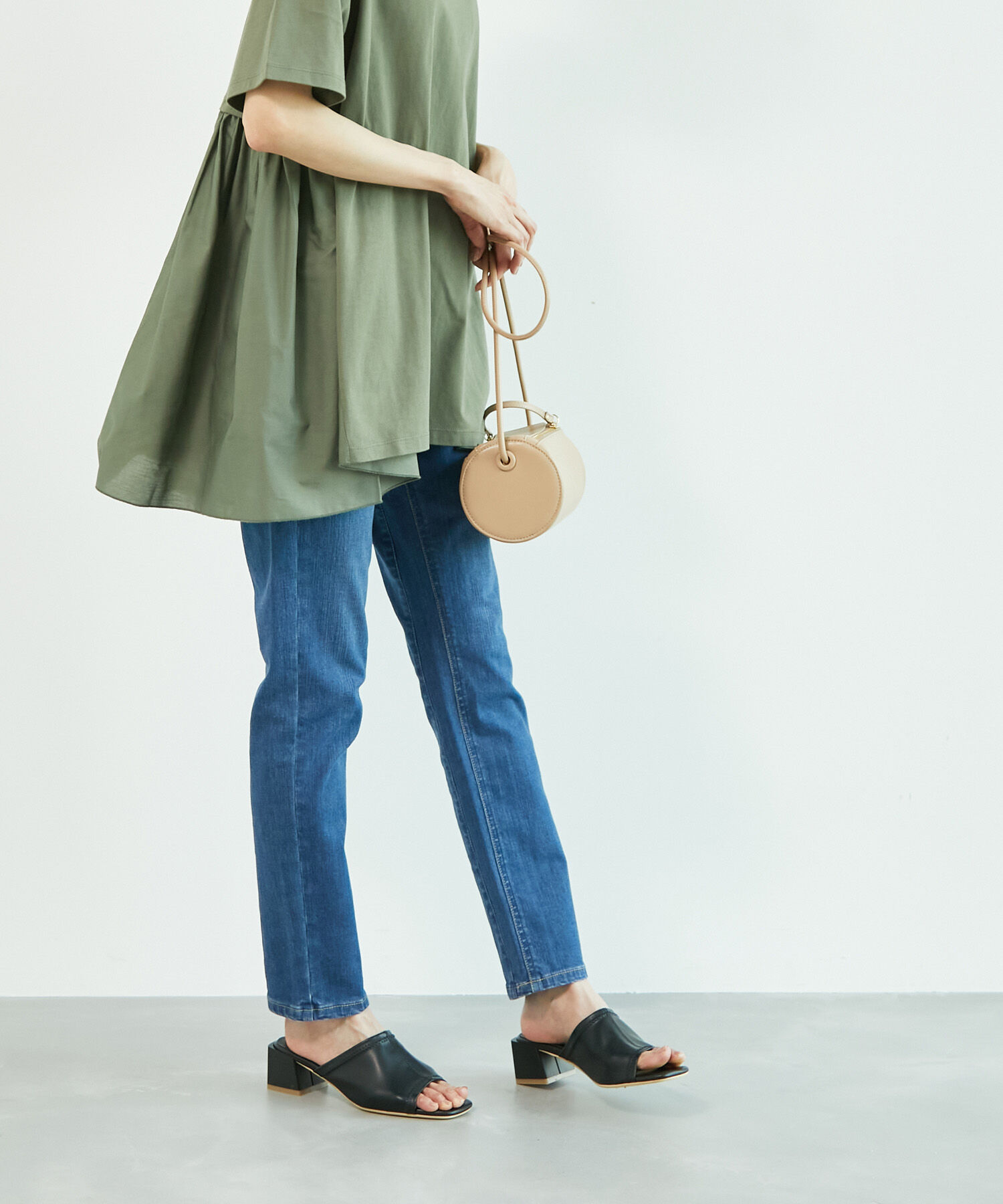 ROPE PICNIC PASSAGE「【WEB限定カラー:グリーン】ストレッチアッパーフレアブロックヒールミュール」|サンダル|