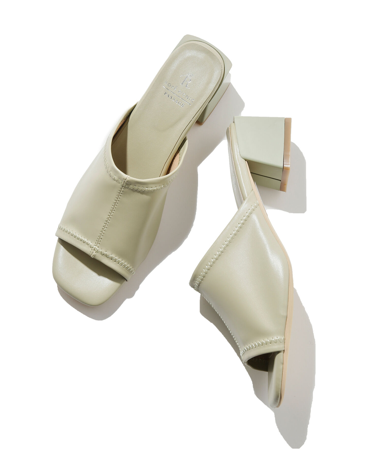 ROPE PICNIC PASSAGE「【WEB限定カラー:グリーン】ストレッチアッパーフレアブロックヒールミュール」|サンダル|