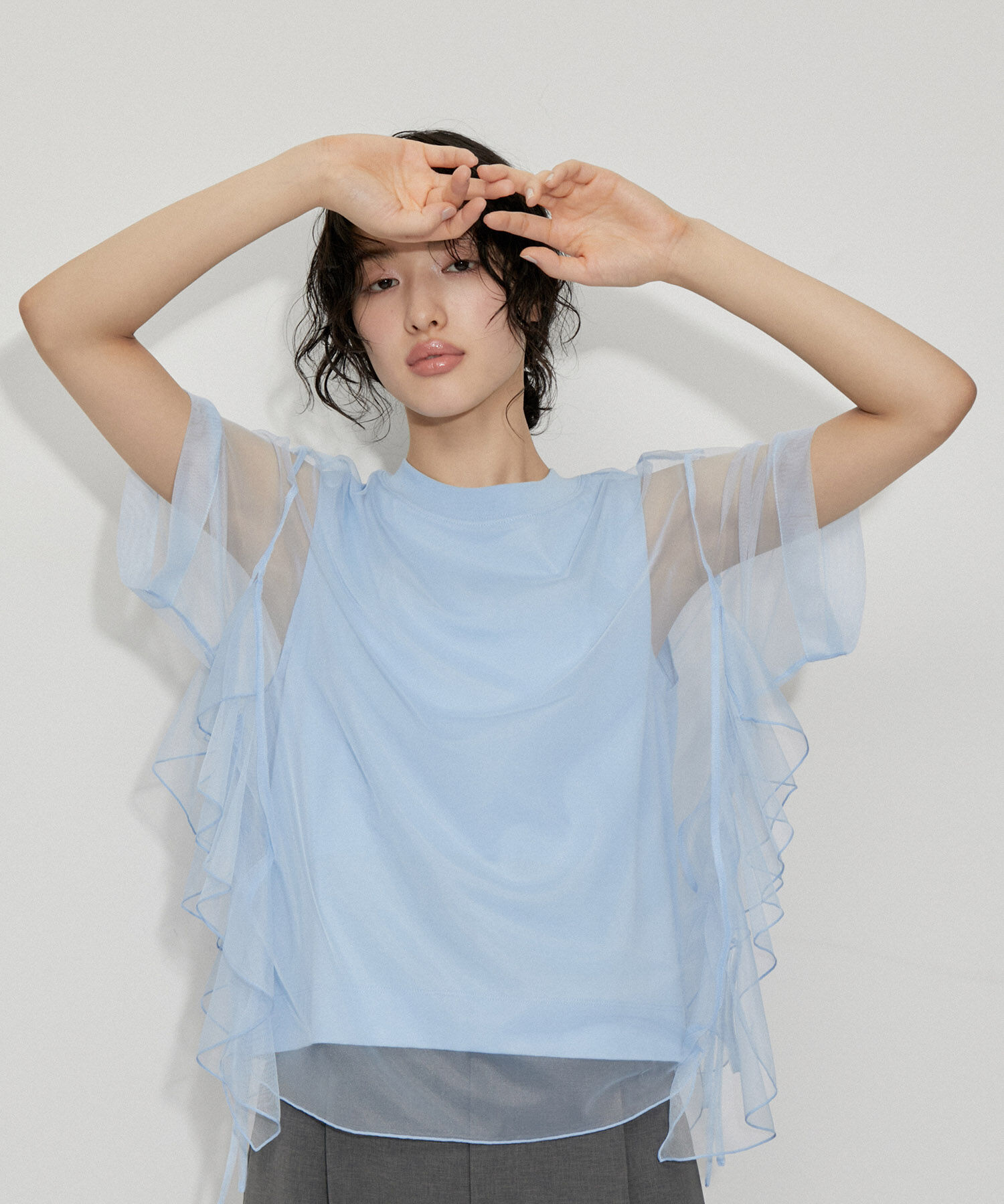 ADAM ET ROPE'「【再入荷・洗える・サステナブル】ギャザーチュールトップス」|その他|サックス(48)