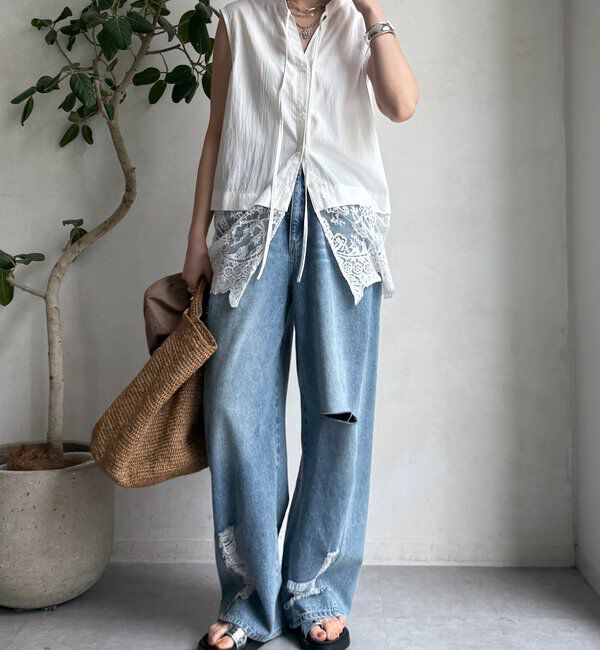  「レース切替ノースリブラウス」|シャツ・ブラウス|