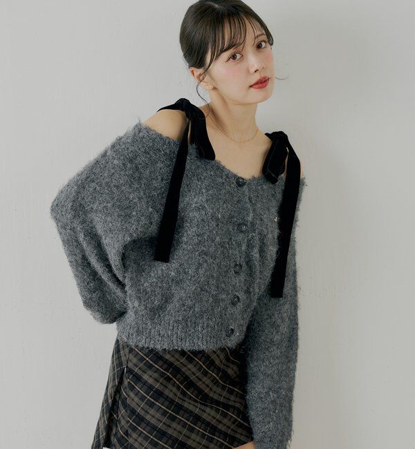  「【ブローチ取外し可】ベロアリボンルーズニットカーディガン」|カーディガン|