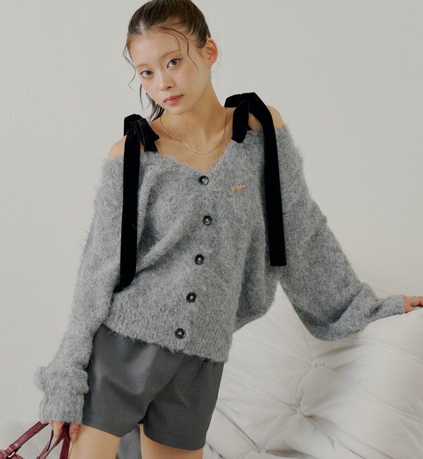  「【ブローチ取外し可】ベロアリボンルーズニットカーディガン」|カーディガン|