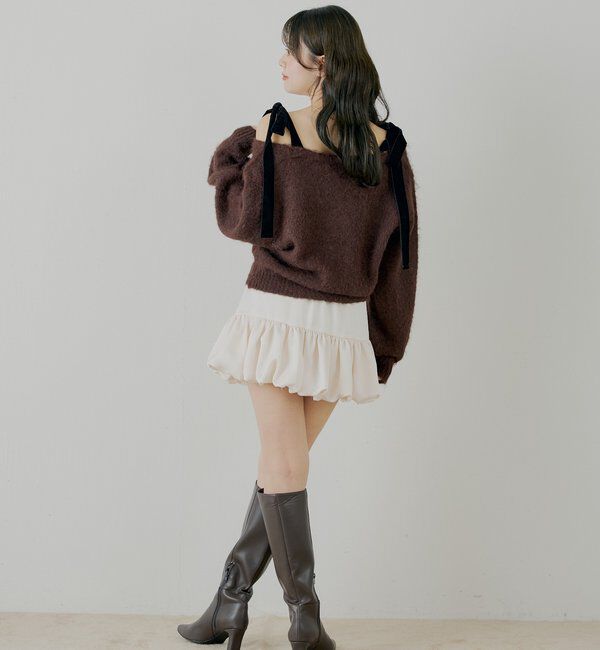  「【ブローチ取外し可】ベロアリボンルーズニットカーディガン」|カーディガン|