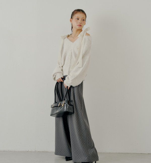  「【ブローチ取外し可】ベロアリボンルーズニットカーディガン」|カーディガン|