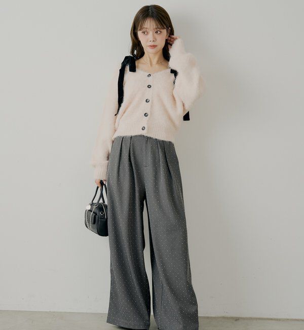  「【ブローチ取外し可】ベロアリボンルーズニットカーディガン」|カーディガン|