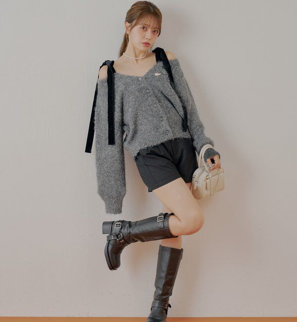  「【ブローチ取外し可】ベロアリボンルーズニットカーディガン」|カーディガン|