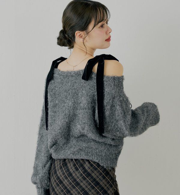  「【ブローチ取外し可】ベロアリボンルーズニットカーディガン」|カーディガン|