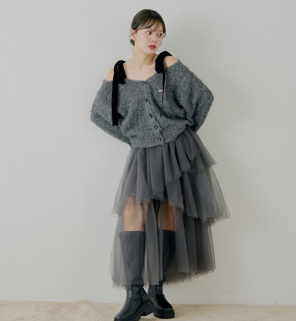  「【ブローチ取外し可】ベロアリボンルーズニットカーディガン」|カーディガン|