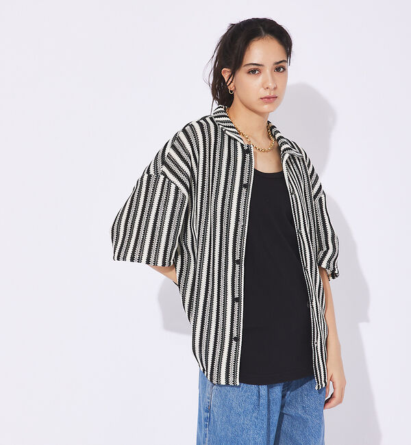 ABAHOUSE「【Revo.】透かし編み/バルファスレースストライプシャツカーデ」|シャツ・ブラウス|ブラック