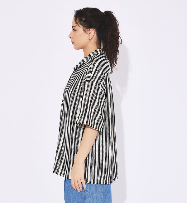 ABAHOUSE「【Revo.】透かし編み/バルファスレースストライプシャツカーデ」|シャツ・ブラウス|