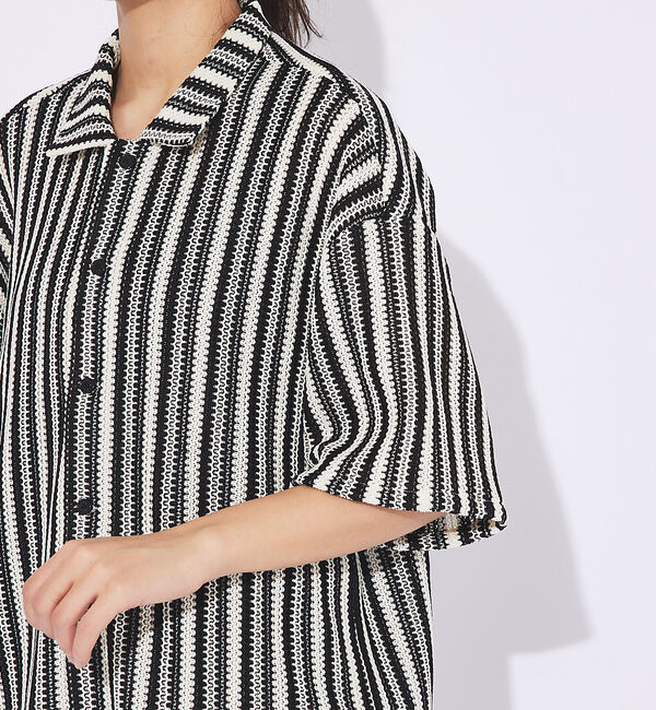 ABAHOUSE「【Revo.】透かし編み/バルファスレースストライプシャツカーデ」|シャツ・ブラウス|