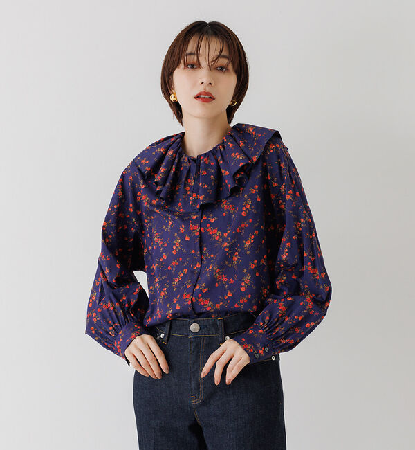 Rouge vif「フラワープリントフリルブラウス」|シャツ・ブラウス|ネイビー