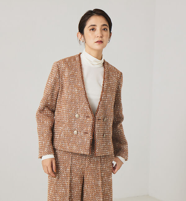 qualite「《セットアップ対応》ノーカラーツイードジャケット」|ノーカラージャケット|キャメル