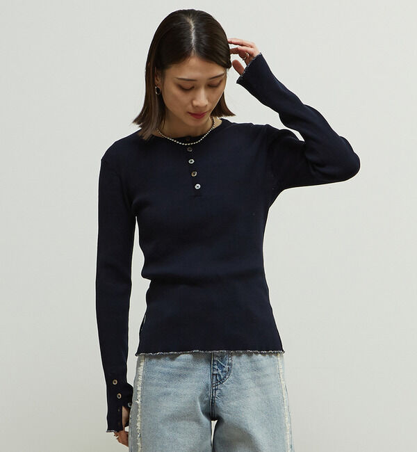 Soffitto「リブ編みヘンリーネックリブニット」|ニット・セーター|ネイビー