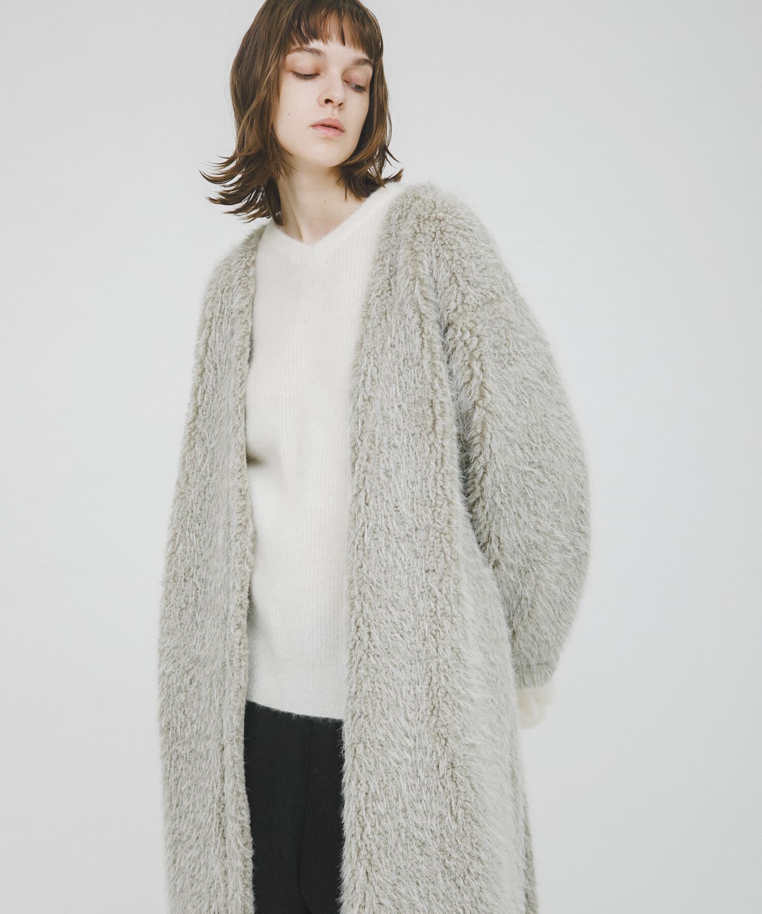 LAATO「long boa coat」|ノーカラーコート|