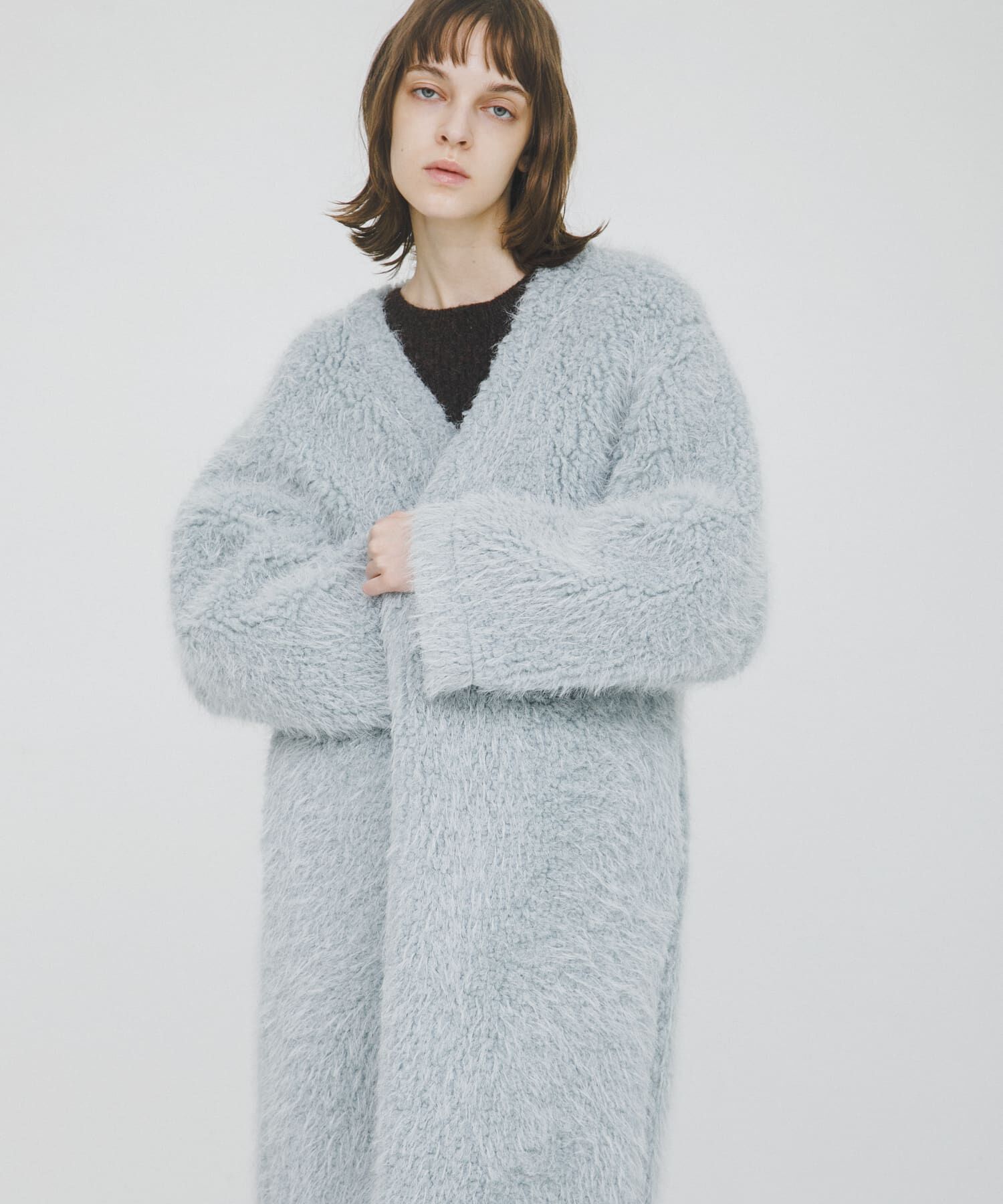 LAATO「long boa coat」|ノーカラーコート|ライトブルー