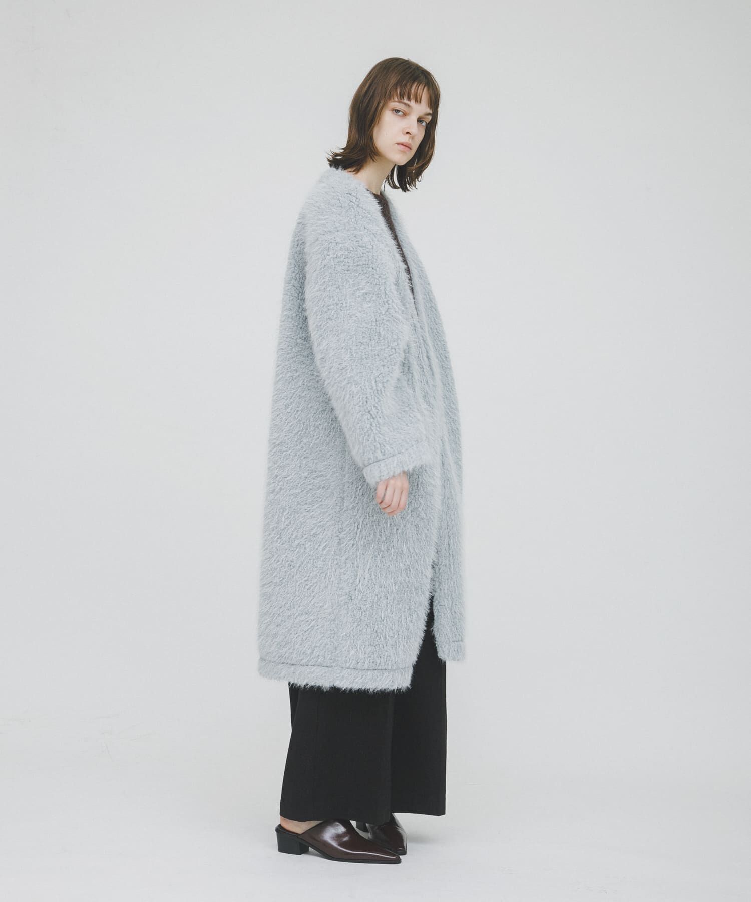 LAATO「long boa coat」|ノーカラーコート|
