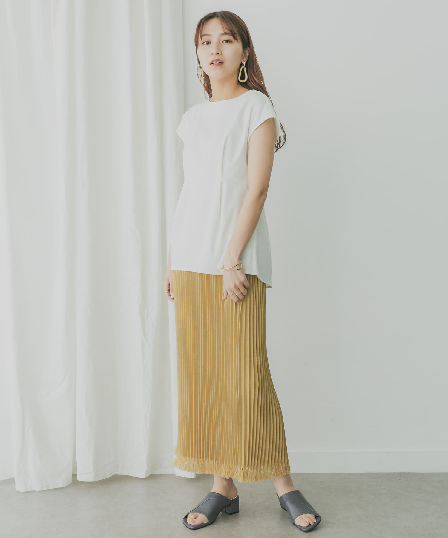  「KBF+　リネンライクフリンジプリーツスカート」|スカート|