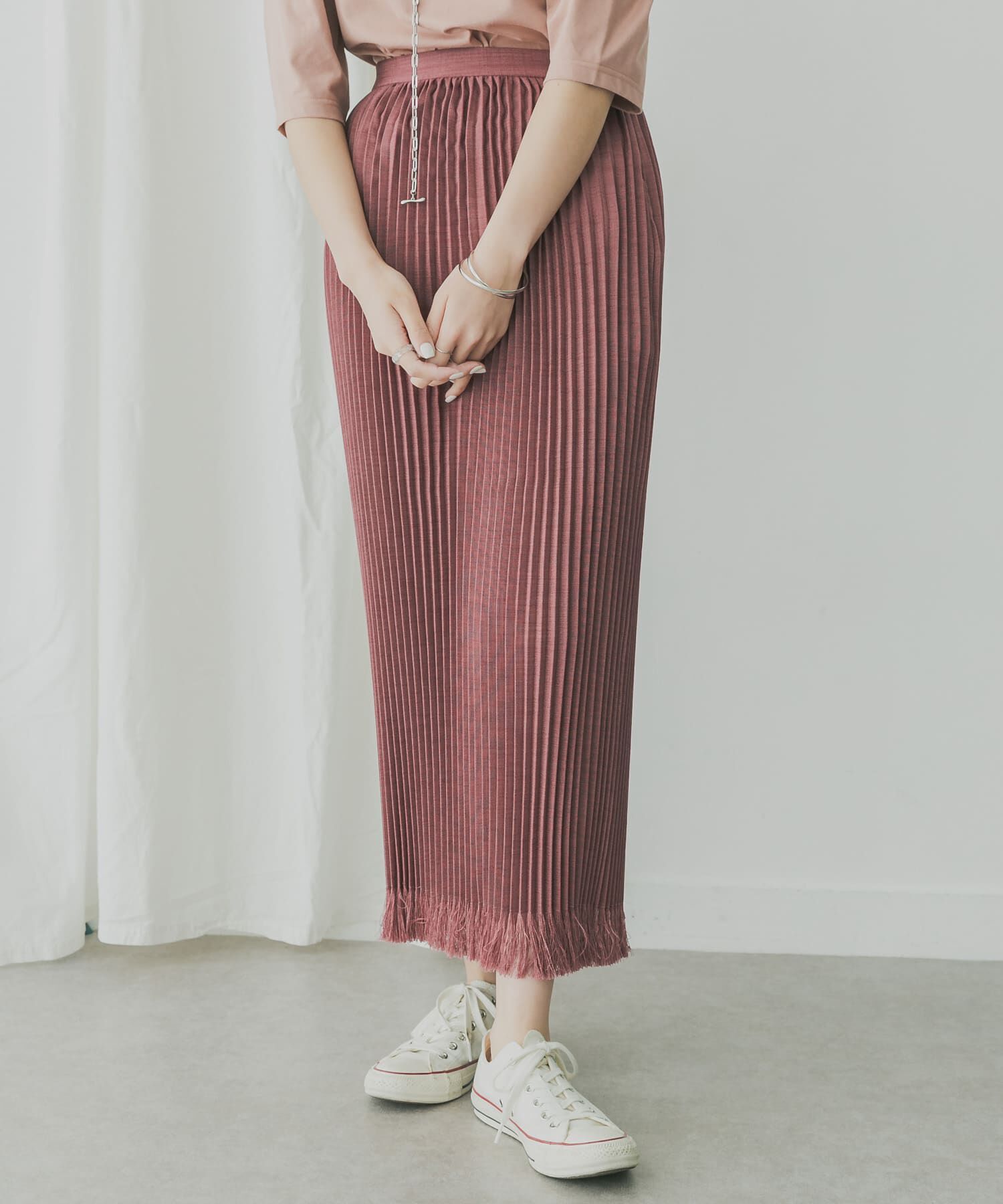  「KBF+　リネンライクフリンジプリーツスカート」|スカート|
