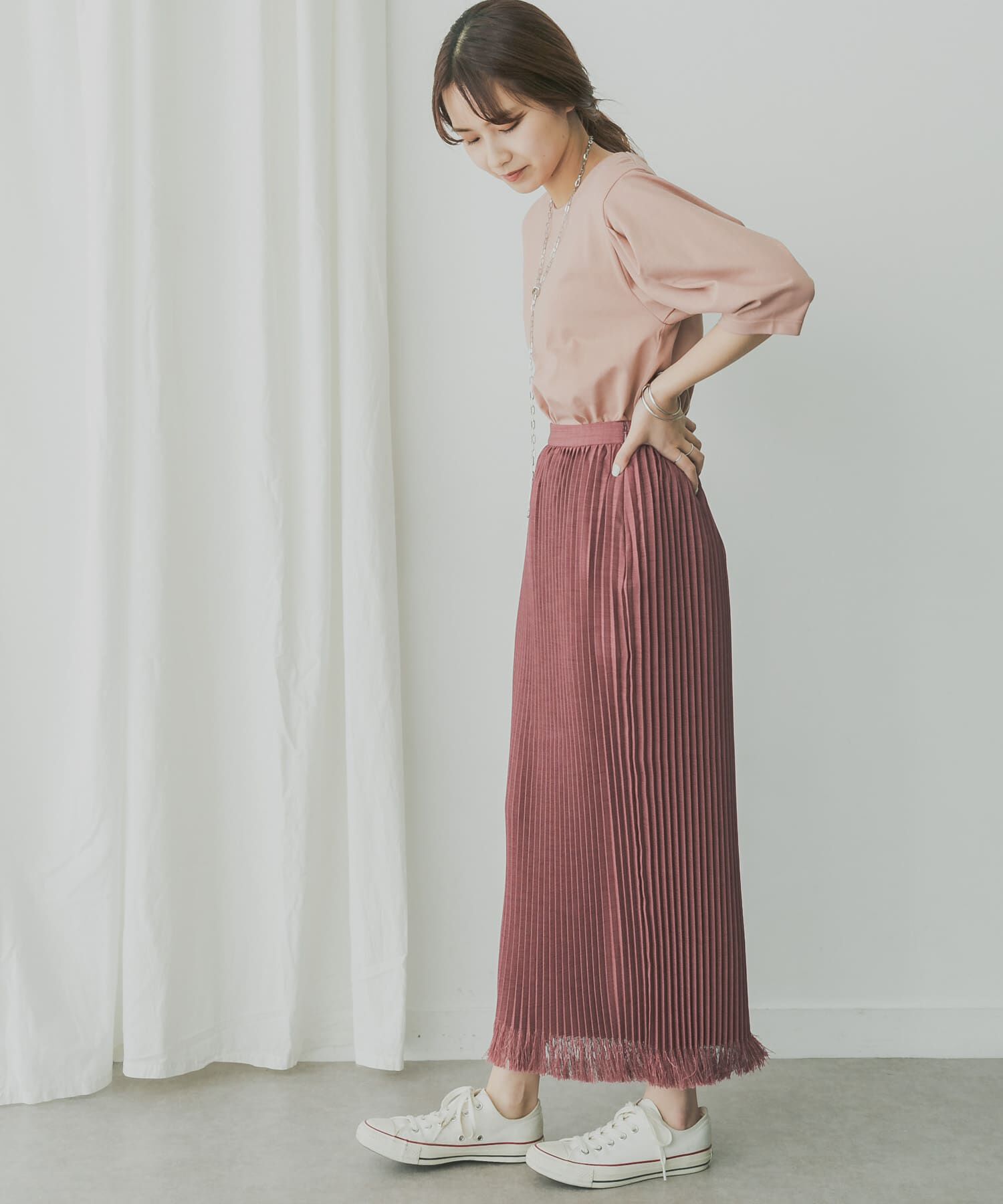  「KBF+　リネンライクフリンジプリーツスカート」|スカート|