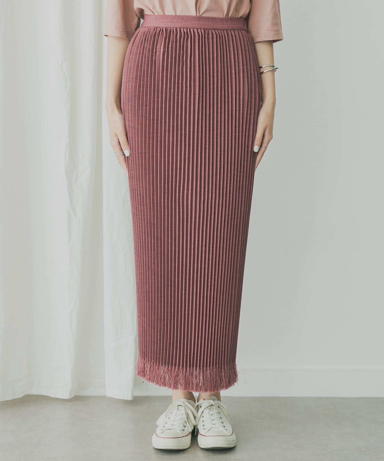  「KBF+　リネンライクフリンジプリーツスカート」|スカート|