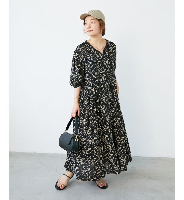  「フラワーモチーフスキッパーワンピース」|ワンピース|ブラック柄