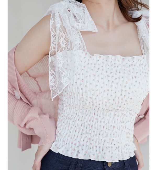 MAJESTICLEGON「カップ付肩リボンシャーリングキャミ」|キャミソール|ピンク