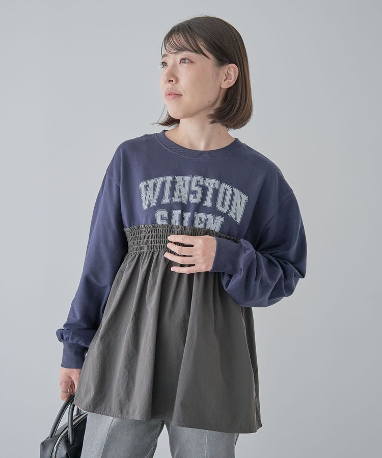 Green Parks「ミニ裏毛異素材ドッキングロゴプルオーバー」|Tシャツ・カットソー|Navy