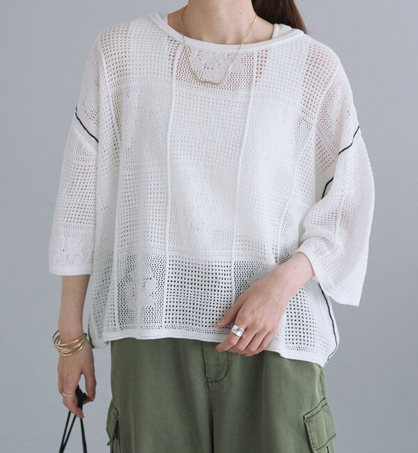  「配色透かし編みプルオーバー」|ニット・セーター|オフホワイト