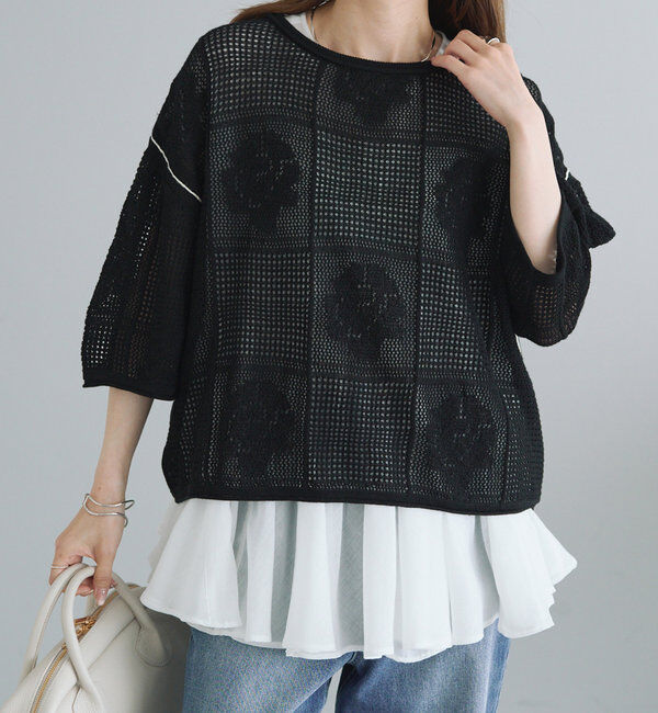  「配色透かし編みプルオーバー」|ニット・セーター|