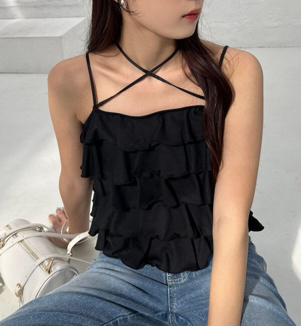  「【1枚で着映え】レースアップフリルインナー」|プルオーバー|ブラック