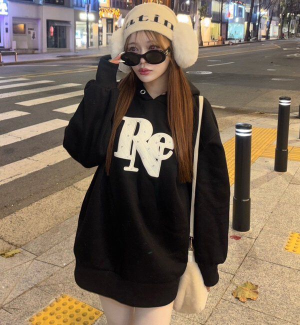  「キルティングロゴゆるパーカー」|プルオーバー|ブラック