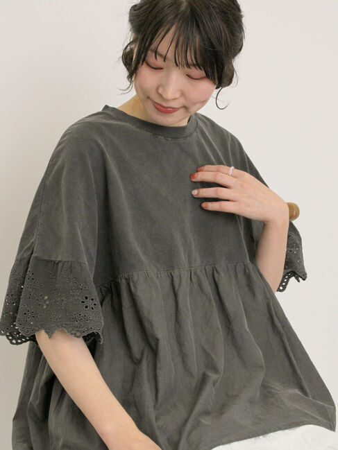 Samansa Mos2「袖レースギャザーカットソー」|Tシャツ・カットソー|チャコールグレー
